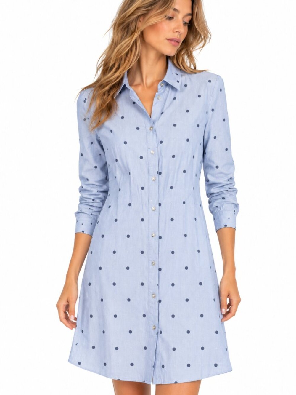 Boden Womens Blue Polka Dot Chambray Shirt Dress 8 Cotton Button Front Preppy